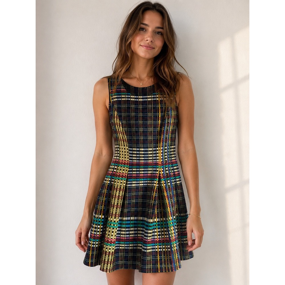 Sleeveless Plaid Fit and Flare Dress Multi-Color Textured Knit M schoolgirl